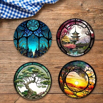 4pcs Set Of 2D Printed Chinese Style Retro Landscape Acrylic Coasters, Colorful Printed Cup Mat Coffee Table Protective Pad