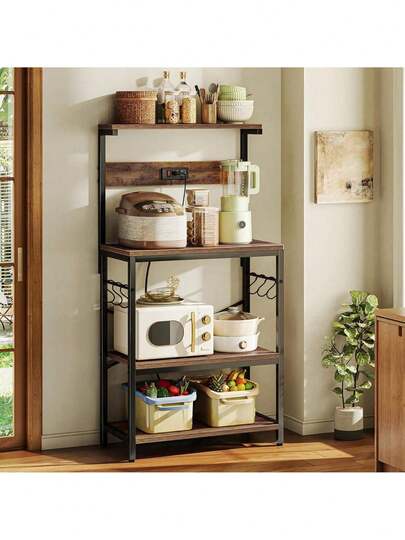 Estante para Hornear de Cocina con Enchufe, Rejilla para Microondas con Cesta de Drenaje de Metal y 6 Ganchos en S, Rejilla de Cocina de 56 * 42* 129cm para Guardar Especias, Ollas y Sartenes