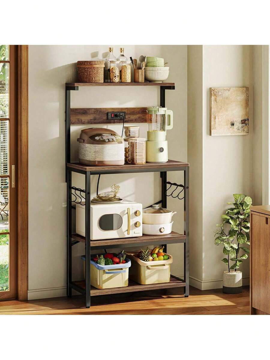Estante para Hornear de Cocina con Enchufe, Rejilla para Microondas con Cesta de Drenaje de Metal y 6 Ganchos en S, Rejilla de Cocina de 56 * 42* 129cm para Guardar Especias, Ollas y Sartenes - Marrón - Ver 1