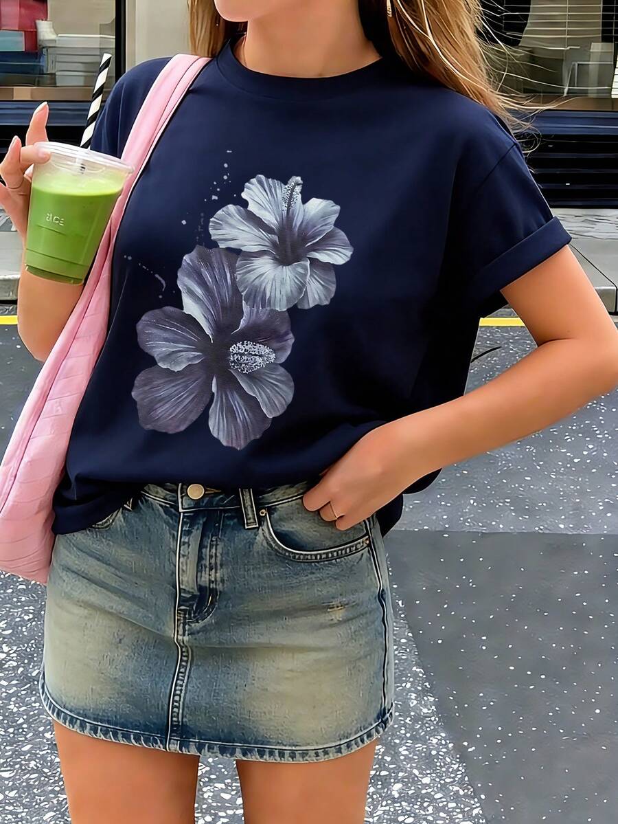 1pc Tween Girls Floral Print Short Sleeve T-Shirt, Student Youth Clothing, Summer Top For Tween Girl - Navy Blue - View 1