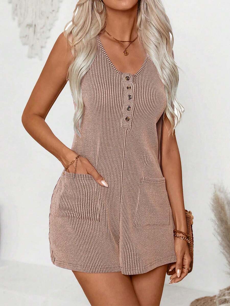 Women's Summer Jumpsuit, Solid Color Sleeveless Ribbed Casual Jumpsuit With Pockets Elegant - Khaki - View 1