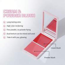 2IN1 Pink Blush Matte Dewy Rosy Blush With Brush Makeup Pan Long Wearing High Pigment Orange Red Cream & Powder Blush Palette - 彩色 - 查看 4