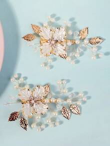 2pcs Handmade Crystal & Pearl Flower Hair Clips, Gold Tone Metal Leaf Bridal Headpiece Set - Gold - View 8