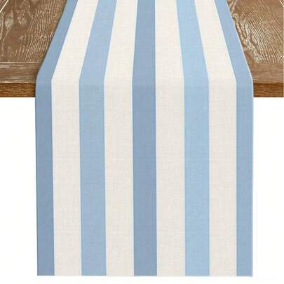1pc Minimalist Blue Striped Table Runner - Light Blue Vertical Stripes, Durable Polyester Fabric For Indoor/Outdoor Use, All-Season Elegant Home Decor For Dining Table, Kitchen, Living Room & Entryway
