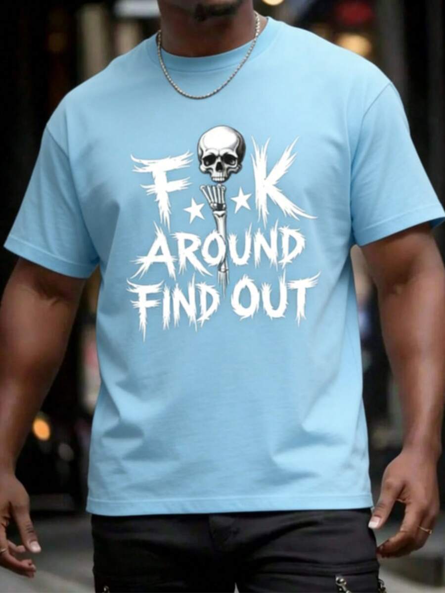 Men's "FK Around And Find Out" Graphic T-Shirt-Cotton Casual Tee With Skull & Stars Print, For Summer, Sports, Travel & Casual Attire Leisure Clothing - 藍色 - 查看 1