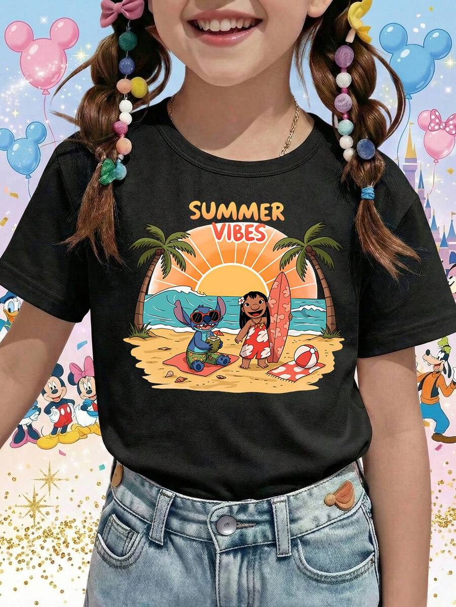 Disney Lilo & Stitch Summer Vibes Beach Printed Pattern T-Shirts For Girls - Children's Clothing Design Short-Sleeved Casual And Cute Style Comfortable And Casual Wear All Year Round Suitable For Parties And Play Machine Washable Gift Children's Clothing Girls' Short-Sleeved Shirts - màu đen - Xem 1