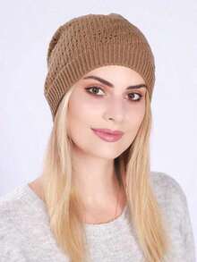 1pc Casual & Elegant Hollow Out Solid Color Acrylic Jacquard Beanie, Single Layer Thin Pleated Hollow Slouchy Hat, Windproof & Warm Outdoor Knitted Cap, Suitable For Autumn/Winter, Maternity Winter Hat UGWK - 深灰色 - 查看 4