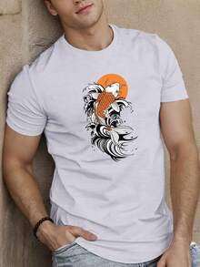 Multicolor Polyester Blend T-Shirt, Geometric Koi Fish - White - View 1