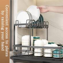 Kusuxva This Double-Layered, Large Metal And Carbon Steel Cutlery Rack Is Perfect For Kitchen Countertops. It's Space-Saving And Durable, Featuring Knife, Fork, And Cup Holders, As Well As A Drainer. The Rust-Resistant Design Makes Your Kitchen More Organized And Uncluttered. - 灰色 - 查看 3