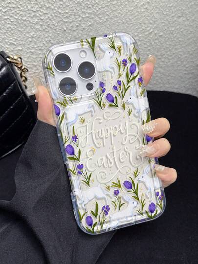 1pc Transparent Soft TPU Cushion Air Bag Camera Full Coverage Phone Case, Creative Cute Rabbit & Flower Pattern, Suitable For 17 Pro Max, 17 Pro, 15 Pro Max, 14 Pro Max, 13 Pro Max, 16 Pro Max, 16 Pro, 15, 14, 13, 16, 17, 12 Pro Max, 12/13 Mini, XR, XS Max, 7/8 Plus, Great Gift For Friends And Family