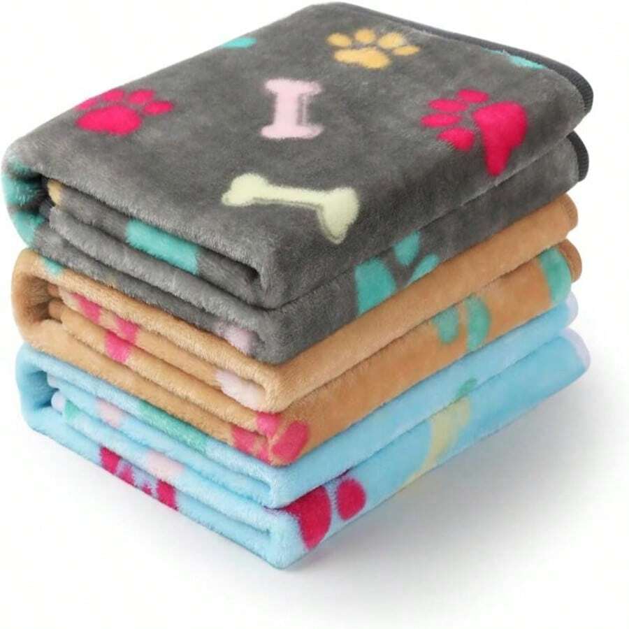 3pcs Fluffy Premium Fleece Pet Blanket, Flannel Paw Print Throw - 76*104cm - View 1