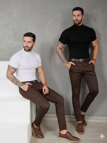 Men's Smart Casual Trousers In Premium Satin Fabric With Tailored Detail And Welt Pockets - 鏽棕色 - 查看 4