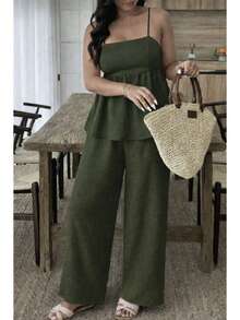 Women's Set: Wide-Leg Pants And Elegant Blouse/Tunic Set In Duna Fabric - 軍綠色 - 查看 3