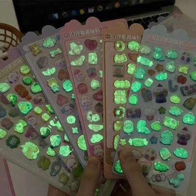 1pc Children Luminous 3D Cartoon Cute Embossed Sticker, DIY Creative Decorative High-Quality 2nd Generation 3D Embossed Solid Cute Reward Sticker For Phone Case, Luminous 3D Embossed Sticker, Cute Cartoon Animal Sticker For Girls Handmade Decoration (Random Style And Color)