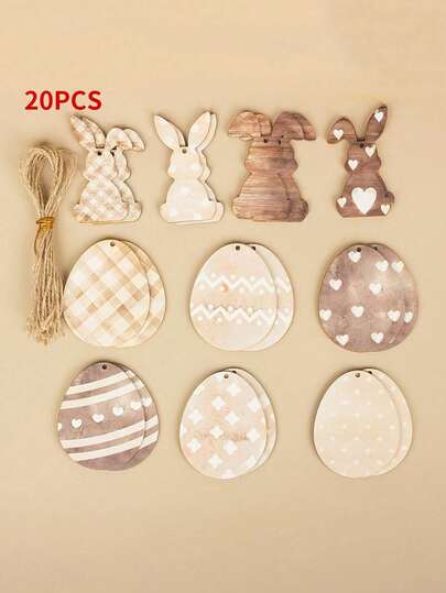 20pcs, Wooden Easter Bunny Egg Hanging Decoration, Easter Vintage Eggs Decoration, Bunny Eggs Pattern, Suitable For Family Home, Outdoor Party Decoration, Suitable For Easter Decoration.