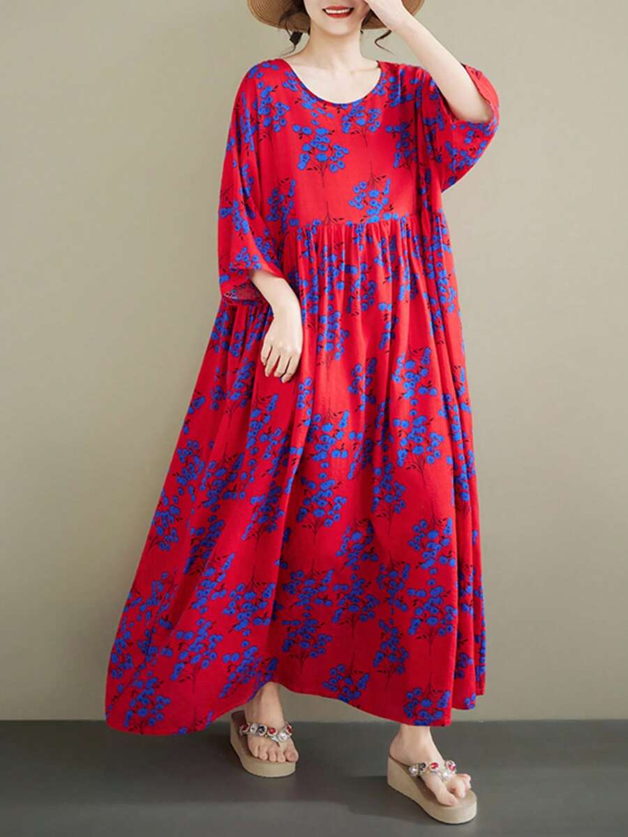AZAH 優雅大尺碼女款紅色印花長洋裝，短蝙蝠袖、圓領與便利口袋設計，度假風 - 紅色 - 查看 1