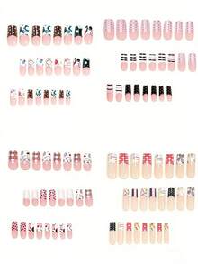 24片Y2K风格时尚美甲贴纸套装，包含粉棕色波点、黑白深绿色条纹、不对称法式格纹设计，附赠1张胶贴和1卷迷你胶带，随机发货，打造时尚优雅的美甲造型，适合女性和女孩使用。 - 彩色 - 查看 2