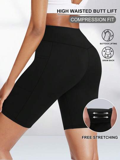 Plus Size Women's High Waist 5-Inch Sports Yoga Shorts, Solid Black Athletic Shorts, High Stretch Tummy Control Lifting Fitness Pants, Summer Cycling Shorts With Pockets