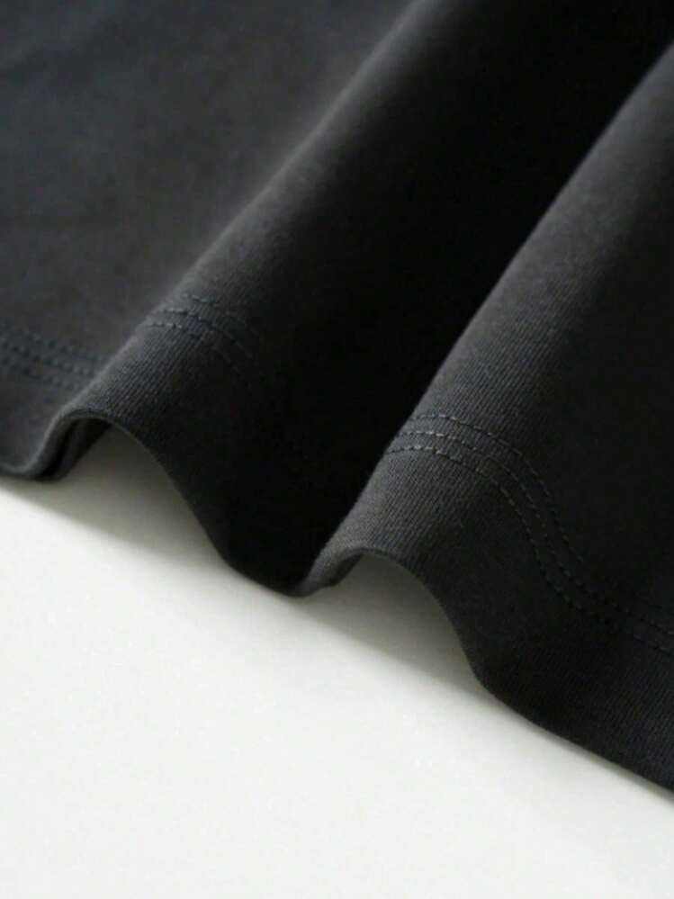 Flame Logo Graphic Black T-Shirt, Comfortable Casual Short-Sleeve, 220g Cotton Double-Sided Printed T-Shirt - 黑色 - 查看 4