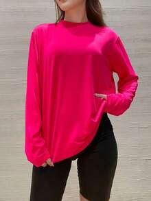 Small Shoulder Drop Long-Sleeve T-Shirt Solid Color Black Loose Casual - Màu Hồng Tươi - Xem 7