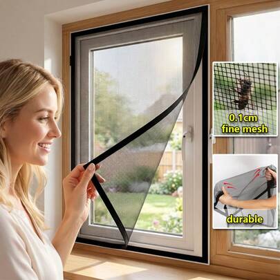 黑色窗纱套装，DIY网纱窗，带自粘钩环条，透气细网，防蚊虫，适用于多种窗户尺寸