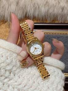 1 chiếc đồng hồ nữ thạch anh với vạch số Ả Rập, trang trí đá pha lê vuông màu vàng, thanh lịch, phù hợp đeo hàng ngày hoặc dự tiệc. - Vàng - Xem 6