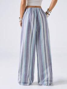 LYSMO Quần dài thường ngày dệt sọc nhiều màu có dây rút ở eo dành cho nữ - Nhiều màu - Xem 2