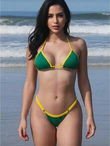 Brazilian Bikini, Adjustable Triangle Style, Simple, Color Block, Tie-Side, Beachwear - Brazil xanh - Xem 1