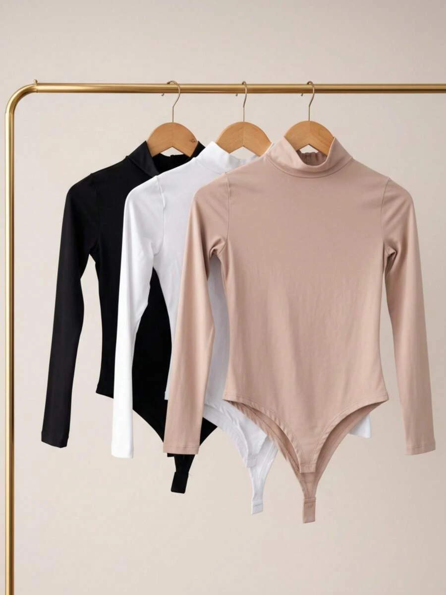 Women's Bodysuit Kit, High Neck, Long Sleeve, Second Skin, Basic, Versatile, Fashion Blogger Style, - 米色-黑色-白色 - 查看 1