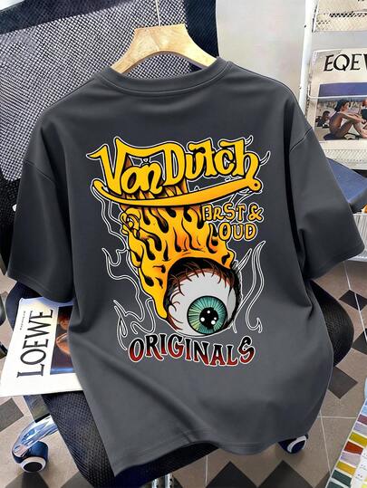 1件休闲宽松街头风火焰眼图案短袖T恤，适合青少年男孩，是夏季上学和户外活动的完美礼物，春夏款