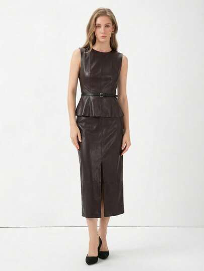 HZXVIC Women's New Summer Urban Commute Fashion Elegant Set, Top With Belt, Fitted Silhouette, Slit Hem Skirt