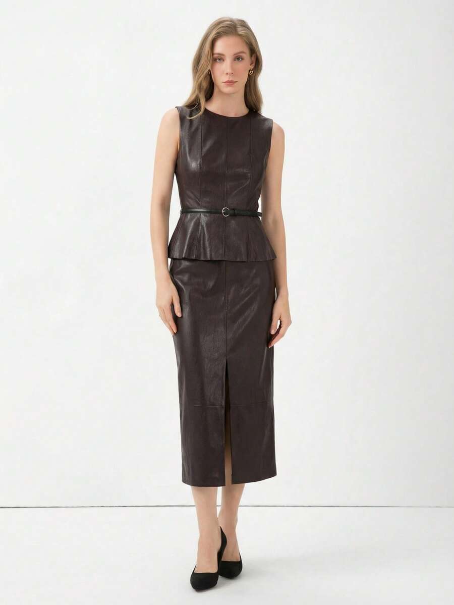 女士新款夏季都市通勤时尚优雅套装，上衣配腰带，修身剪裁，开衩裙摆半身裙 - 棕色 - 查看 1