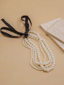 Vintage Bohemian Pearl Bow Tie Necklace - Elegant Beaded Necklace For Women, Suitable For Daily Wear And Party Gift - Multicolor - View 5