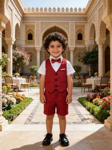 3pcs Boys' Summer Casual Gentleman Outfit Set - Solid Color Vest + Shorts + Bow Tie - Red - View 7