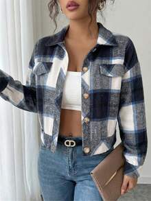 Spring Fall Plaid Tweed Jacket Women's Notch Lapel Button Front Faux Pockets Long Sleeve Casual Resort Coat - 藏蓝色 - 查看 2