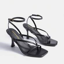 Women Kitten Heel Thong Heeled Sandals Fashion Open Toe Ankle Strap Summer Stiletto Heel Sandals Elegant Wedding Party Dress Shoes - 黑色 - 查看 6