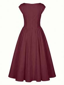 Vestido largo de manga abullonada elegante y vintage para mujer, vestido ceñido a la cintura de estilo retro, adecuado para bodas, citas, salidas, romántico, lindo, vestido de cintura ceñida - Burdeos - Ver 5