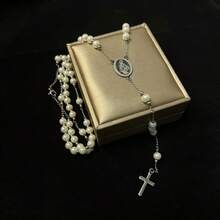 1条6毫米仿珍珠十字架项链，优雅礼物，女士长款念珠项链 - 人造珍珠項鍊 - 查看 5