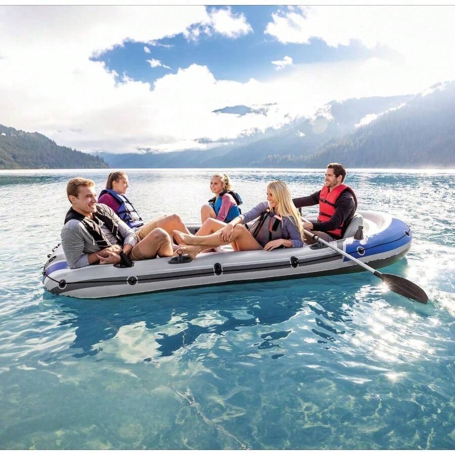 5 Person Inflatable Boat, Portable Water Raft Set With Oars, Heavy Duty Fishing Boat For Lake, River, Pool, Outdoor Water Sports, Durable Inflatable Raft For Family Recreation, Travel & Fishing Activities - 灰色 - 查看 1