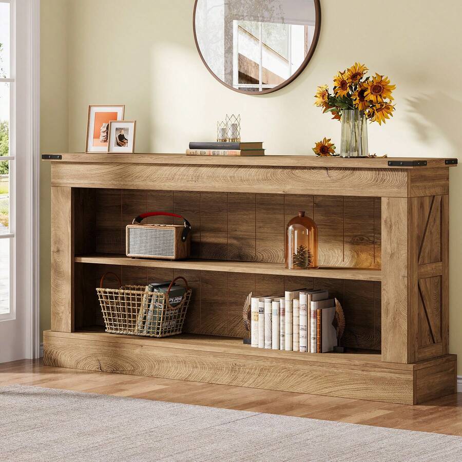 LITTLE TREE 63-Inch Long Console Table For Entryway, Narrow Long Entry Table With Shelves For Living Room, Farmhouse Sofa Console Behind Couch, For Foyer, Hallway, Brown - 棕色 - 查看 1