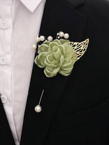 1pc/2pcs Green Rose Flower With Golden Leaves Beaded Brooch And Wristband, Suitable For Groom, Bride, Groomsman, Bridesmaid, Wedding Decoration, Banquet, Party, Travel Souvenir - Green - View 3