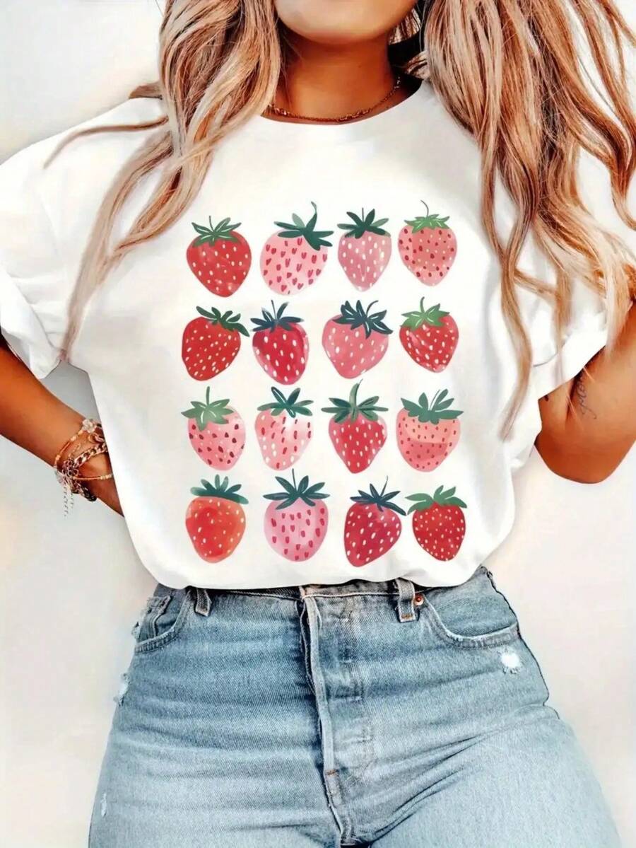 Women'S Strawberry Print T-Shirt - Loose Fit Round Neck Short Sleeve Top With Red & White Strawberry Pattern, Breathable Lightweight Fabric For Summer, Casual Everyday & Party Wear, Machine Washable Weekend Style Shirt, All-Season Comfortable Casual Outfit Essential, Strawberry Clothe, Beautiful Blouse For Women, Graphic Tee Women, Shirt For Women, Blouse For Women, Top For Women, Women Clothe, Summer Clothes For Women, Women' Tshirt - 白色 - 查看 1