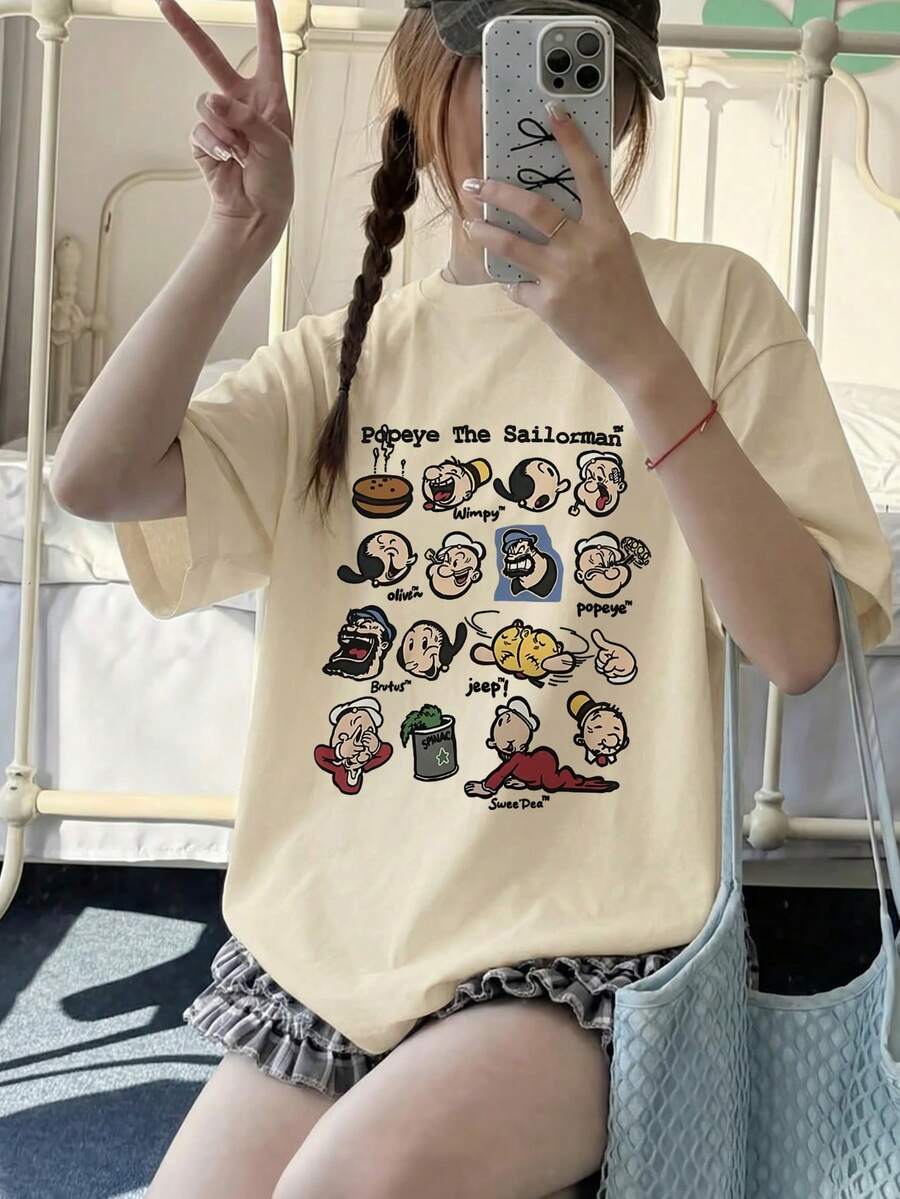 新款复古卡通印花短袖T恤，独特设计修身休闲上衣，适合夏季穿着 - 杏色 - 查看 1