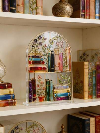 1pc Acrylic Bookshelf Sunlight Catcher, 2D Printed Vintage Library Floral Book Pile Decor, Aesthetic Bookworm Desktop Decoration, Transparent Waterproof Scratch-Resistant Bookshelf Shaped Comfortable Reading Corner Decor, Literature Themed Room Decor, Graduation/Birthday Gift