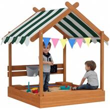 Outsunny Arenero para Niños de Madera, Arenero Infantil en Forma de Casa con 2 Asientos, Toldo, 6 Banderines, 2 Bandejas Extraíbles, Grifo y Pizarra, para Patio, Jardín, 124x116x146 cm, Naranja - Naranja - Ver 10