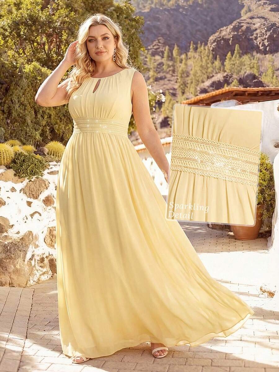 Plus Size Elegant Sleeveless Round Neck Sequin High Waist Yellow Bridesmaid Dress, Suitable For Parties, Formal Occasions, Spring/Summer Long Dress Party Wedding - Yellow - View 1