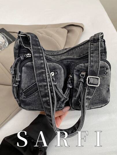 高品质时尚小众通勤包，牛仔风格高端简约现代设计，纯色单肩包；实用多功能单肩包；耐用防水牛仔帆布材质，适合作为礼物送给朋友，也适合购物、约会、通勤、摄影、商务旅行和外出就餐。