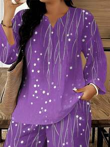 Mature Women Plus Size Notch Collar Three-Quarter Sleeve Top Wide Leg Pants Two-Piece Set Purple Base Drooping Branches White Dot Print Loose Breathable Set Comfortable Versatile Outfit For Spring Summer Travel And Home Wear - 彩色 - 查看 4