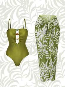 Bikinx 2026 女士优雅泳装两件套：吊带镂空串珠连体泳衣搭配树叶印花网纱系带裙，适合海滩度假夏季穿着 - 綠色 - 查看 2
