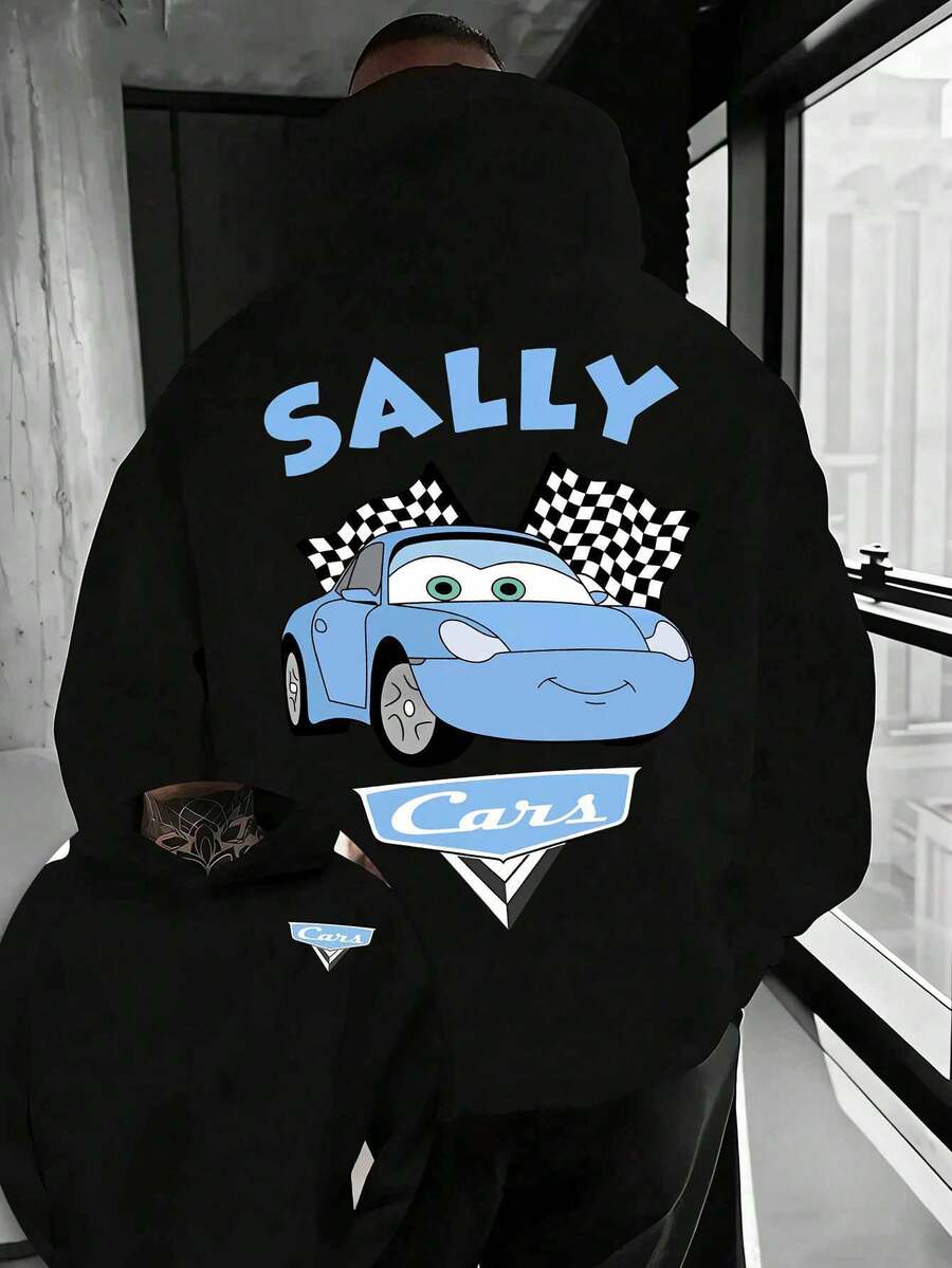 Men's Hoodie With Sally Pattern From Cars, Casual Loose-Fitting Men's Sweatshirt, Disney's Gifts, Travel Clothes, Playful Design, Comfortable Fabrics, Fan Clothes, Movie Lovers, Home Clothes, Durable Materials, Printed Jerseys, Men's. - Black - View 1
